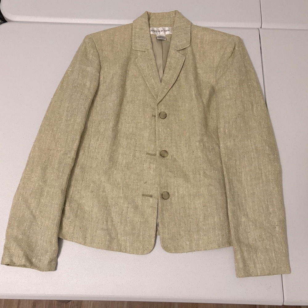 Jones New York Silk Linen Blazer Beige 3 Button Jacket Professional Neutral C5